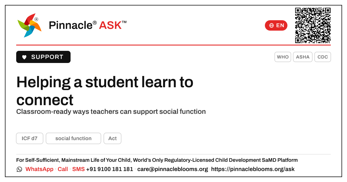 How a teacher can support a student learning social function — Pinnacle Ask answer card with a short explanation and QR link