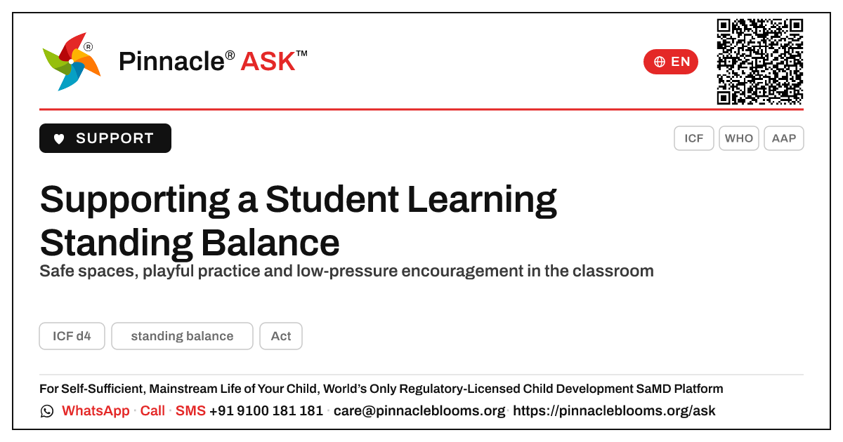 How a Teacher Can Support a Student Learning Standing Balance — Pinnacle Ask answer card with a short explanation and QR link