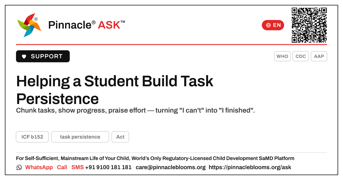 How can a teacher support a student learning task persistence? — Pinnacle Ask answer card with a short explanation and QR link