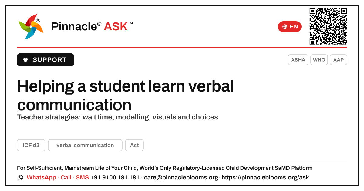 Supporting a student still learning verbal communication — Pinnacle Ask answer card with a short explanation and QR link