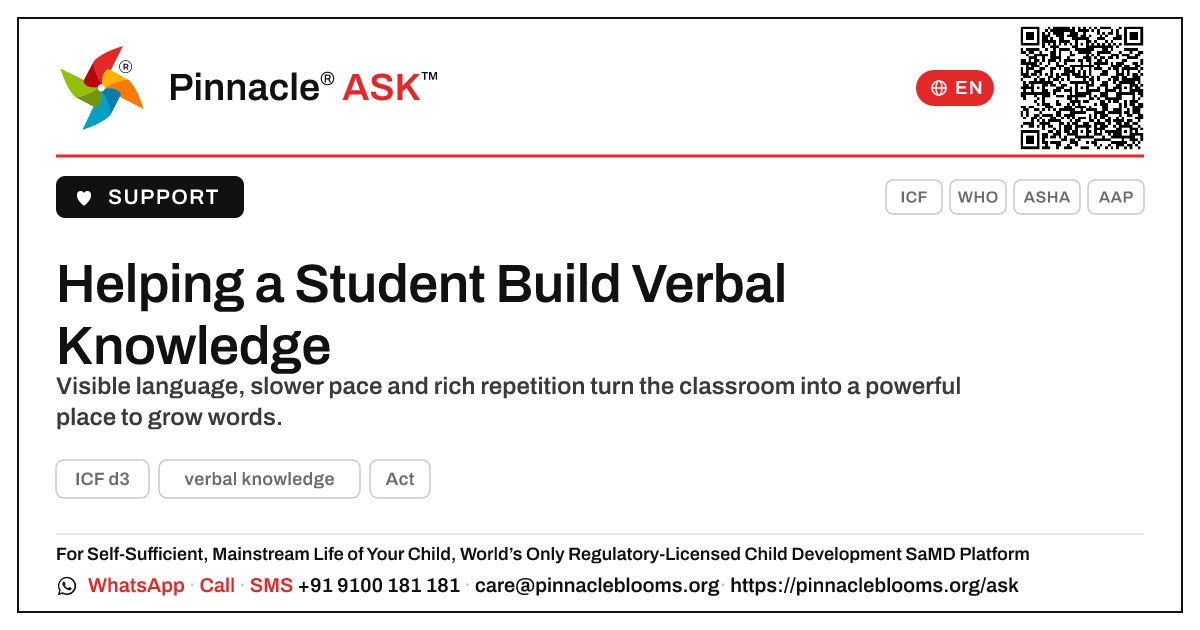 How can a teacher support a student who is still learning verbal knowledge? — Pinnacle Ask answer card with a short explanation and QR link