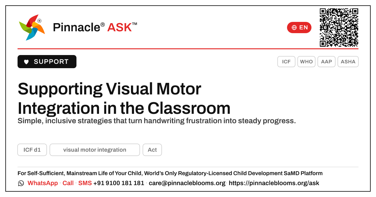How a Teacher Can Support Visual Motor Integration — Pinnacle Ask answer card with a short explanation and QR link