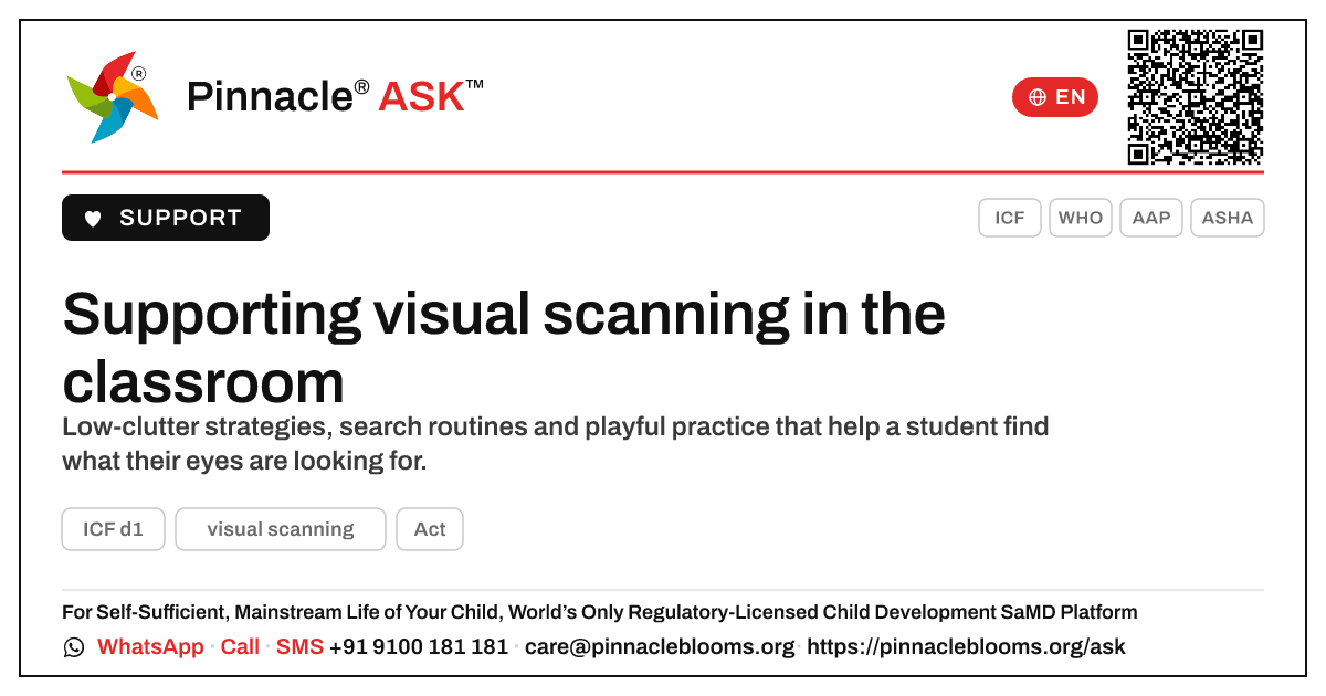 How can a teacher support a student learning visual scanning? — Pinnacle Ask answer card with a short explanation and QR link