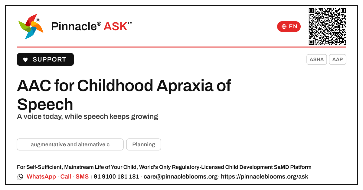 How AAC helps a child with Childhood Apraxia of Speech — Pinnacle Ask answer card with a short explanation and QR link