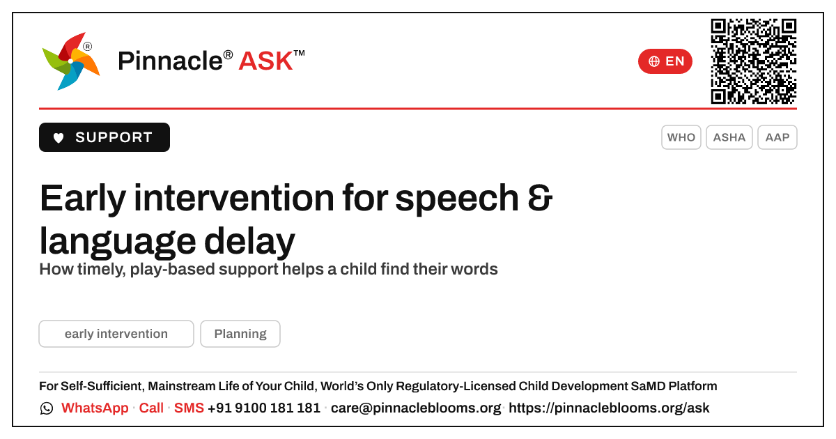 How early intervention helps a child with speech and language delay — Pinnacle Ask answer card with a short explanation and QR link