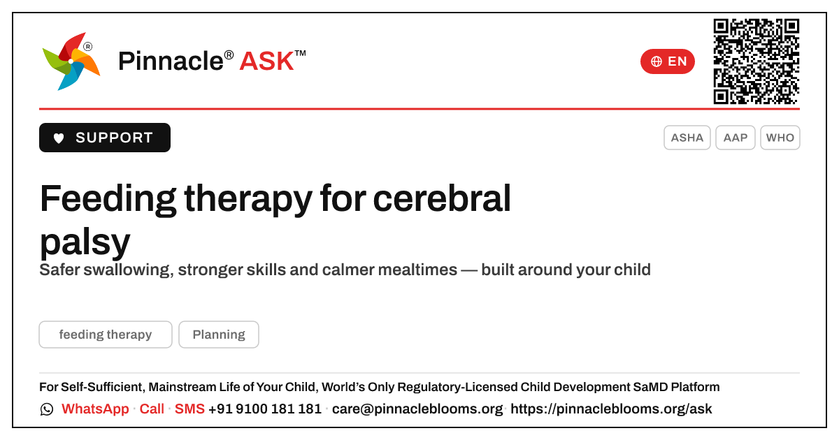 How can feeding therapy help a child with Cerebral Palsy? — Pinnacle Ask answer card with a short explanation and QR link