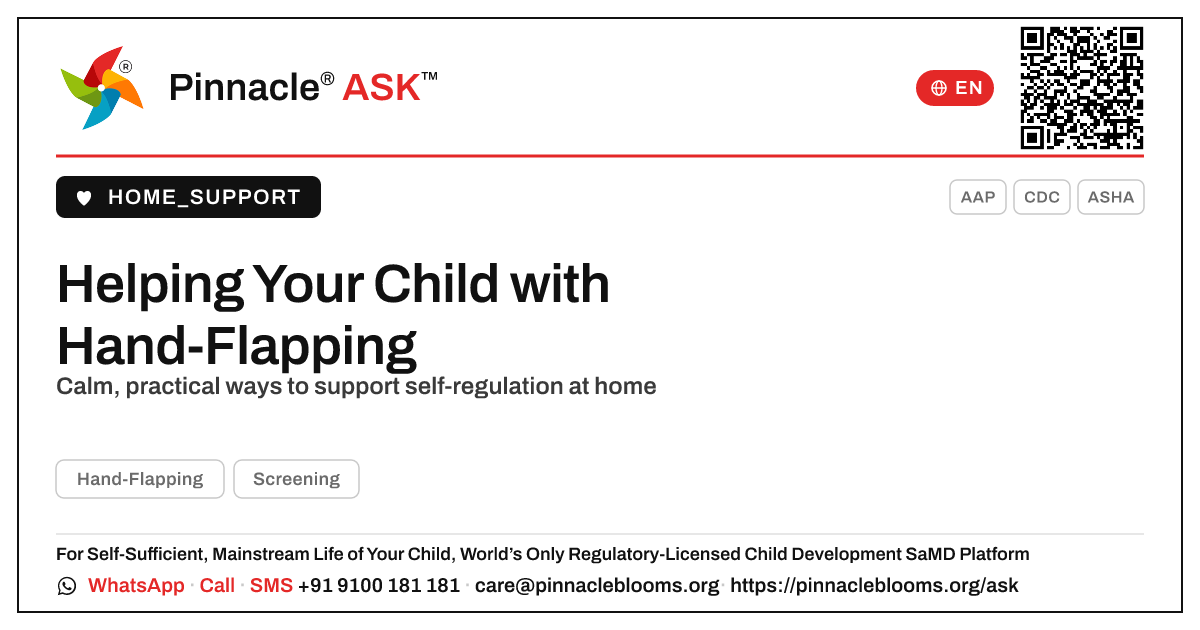 How can I help a young child with hand-flapping? — Pinnacle Ask answer card with a short explanation and QR link