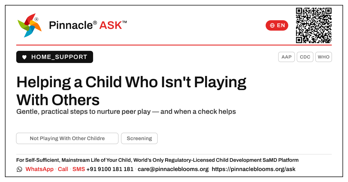 How can I help a young child with not playing with other children? — Pinnacle Ask answer card with a short explanation and QR link