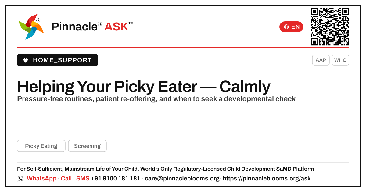How can I help a young child with picky eating? — Pinnacle Ask answer card with a short explanation and QR link