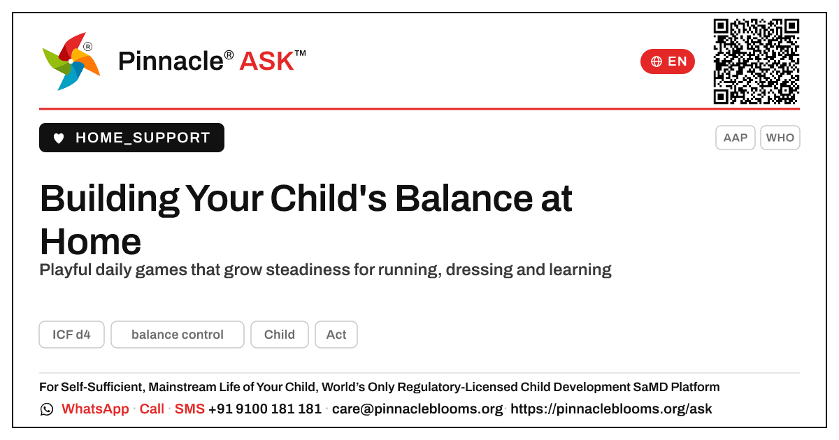 Helping Your Child Build Balance Control at Home — Pinnacle Ask answer card with a short explanation and QR link
