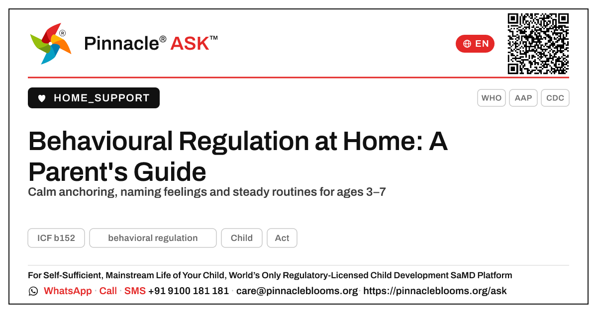 How can I help my child learn behavioural regulation at home? — Pinnacle Ask answer card with a short explanation and QR link