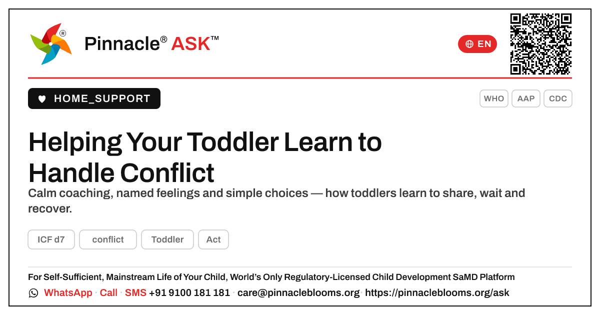 How can I help my toddler learn to handle conflict at home? — Pinnacle Ask answer card with a short explanation and QR link