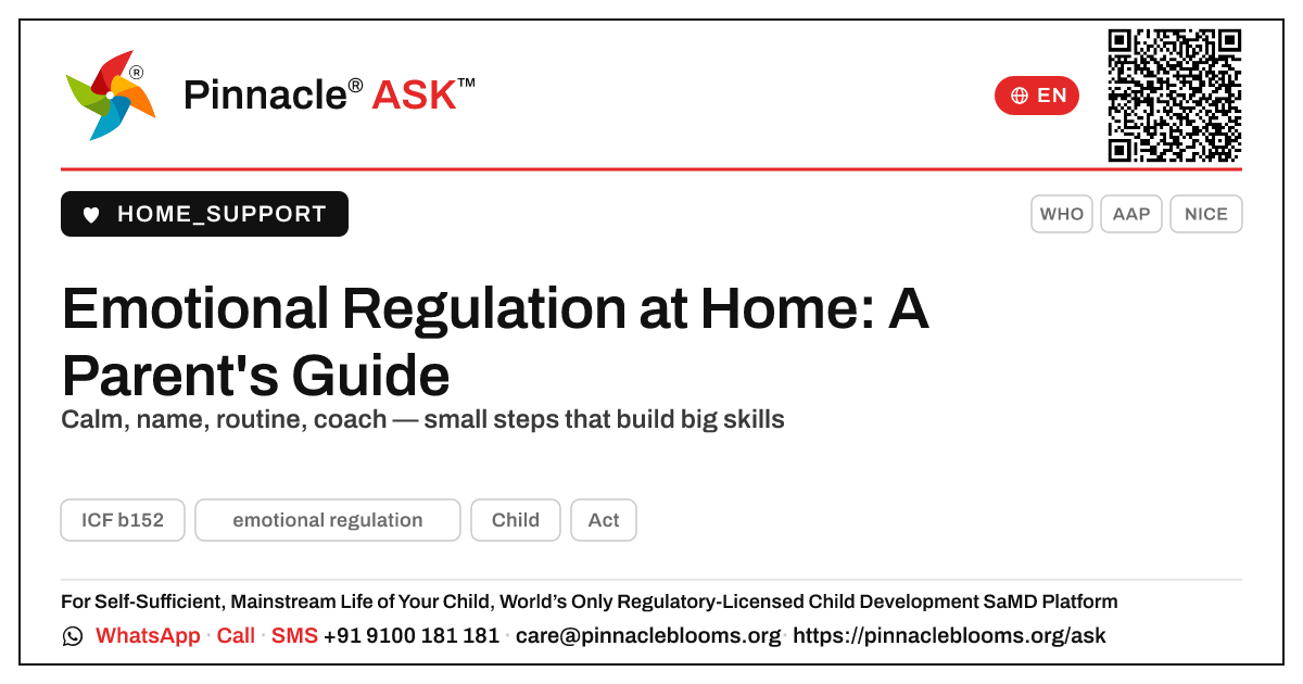 How can I help my child learn emotional regulation at home? — Pinnacle Ask answer card with a short explanation and QR link