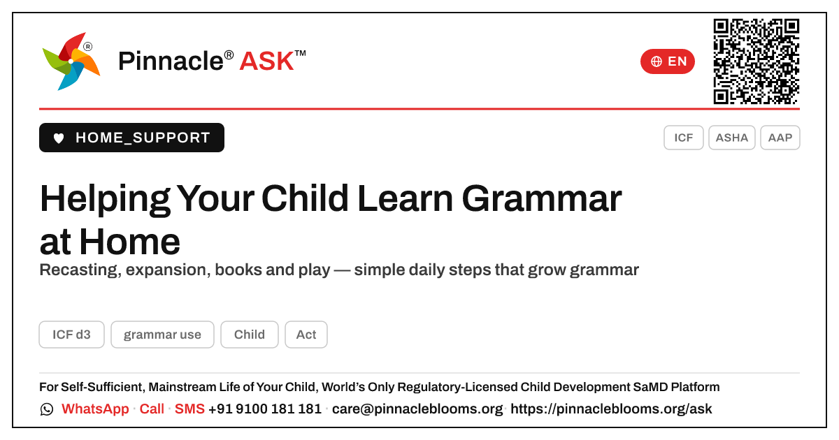 How can I help my child learn to use grammar at home? — Pinnacle Ask answer card with a short explanation and QR link