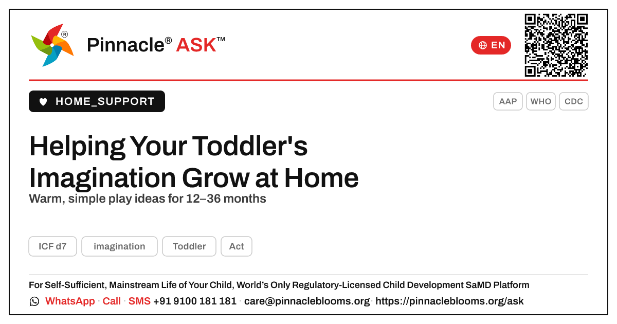 Helping Your Toddler's Imagination Grow at Home — Pinnacle Ask answer card with a short explanation and QR link