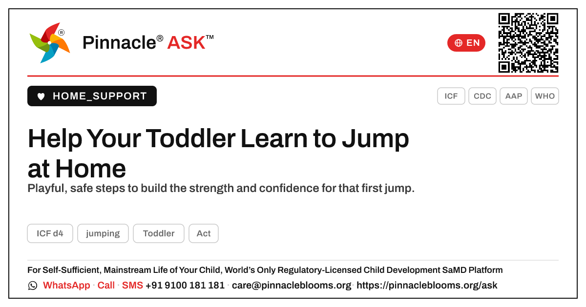 How can I help my child learn to jump at home? — Pinnacle Ask answer card with a short explanation and QR link