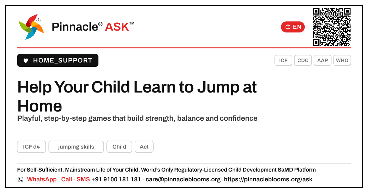 How can I help my child learn jumping skills at home? — Pinnacle Ask answer card with a short explanation and QR link