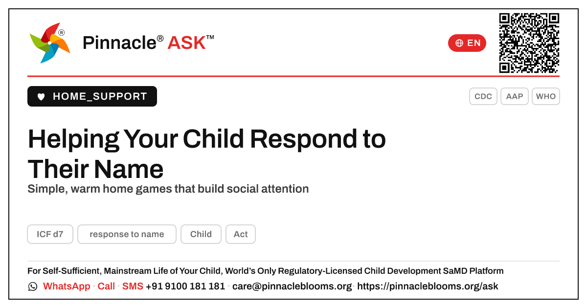 How can I help my child learn to respond to their name at home? — Pinnacle Ask answer card with a short explanation and QR link