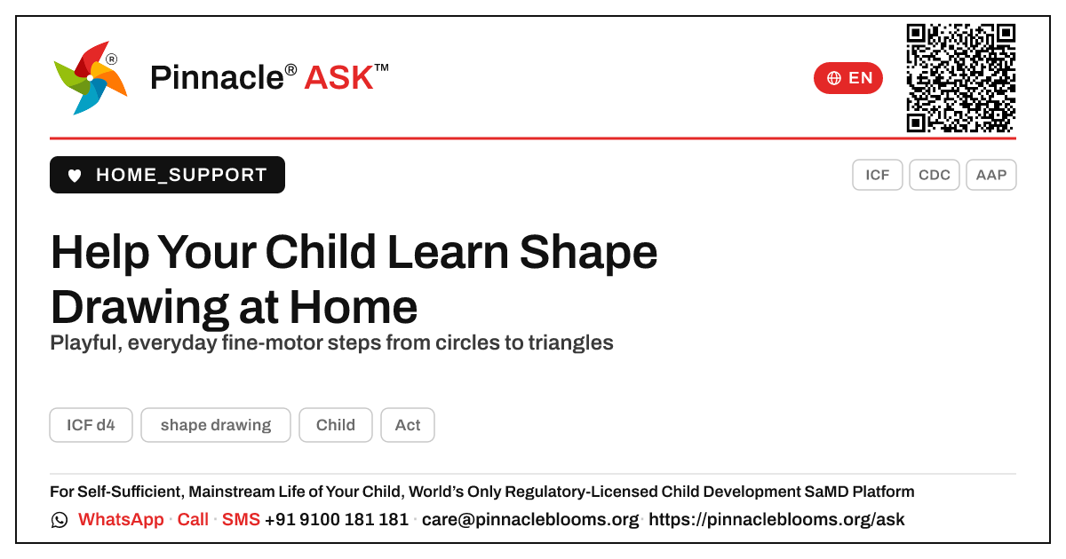 How to Help Your Child Learn Shape Drawing at Home — Pinnacle Ask answer card with a short explanation and QR link