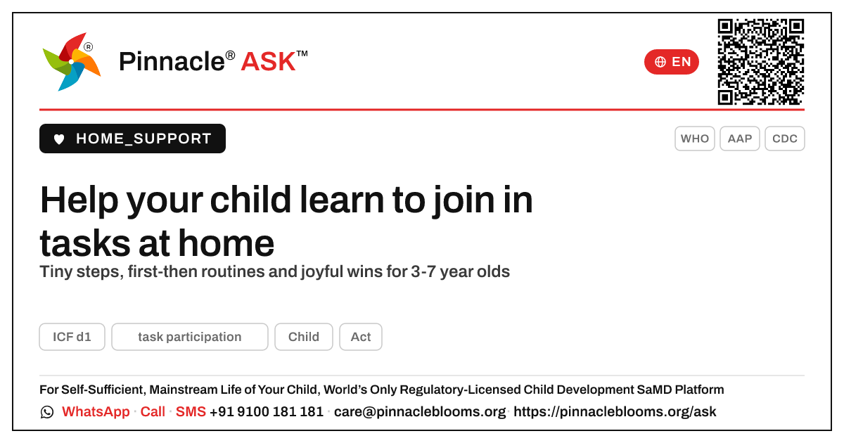 How can I help my child learn task participation at home? — Pinnacle Ask answer card with a short explanation and QR link