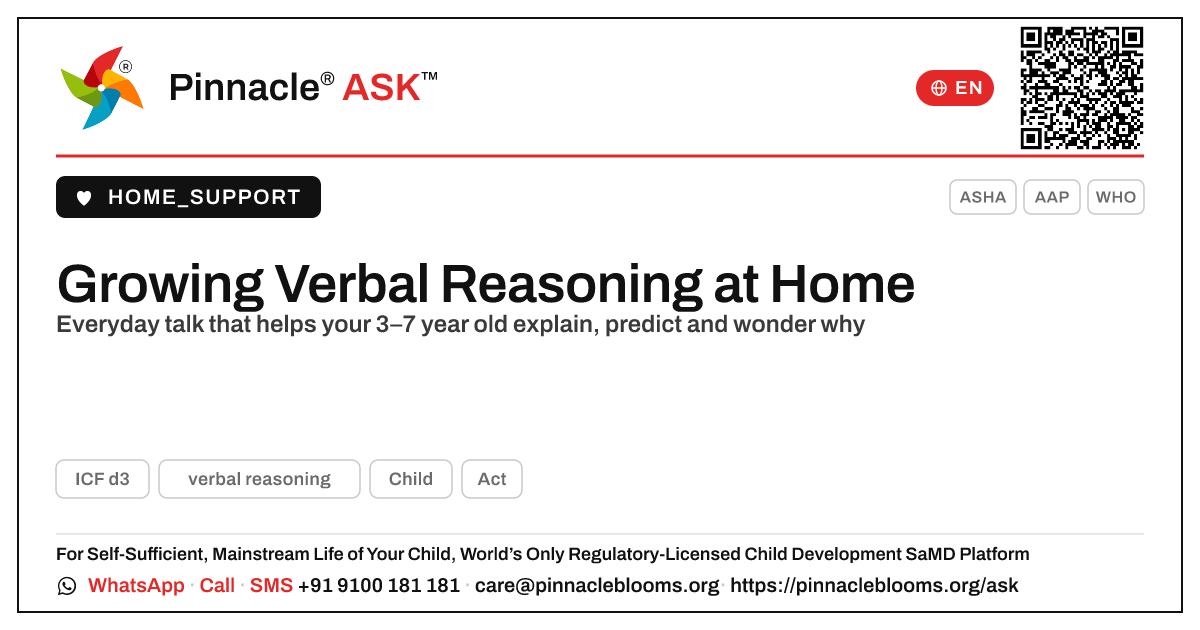 How can I help my child learn verbal reasoning at home? — Pinnacle Ask answer card with a short explanation and QR link