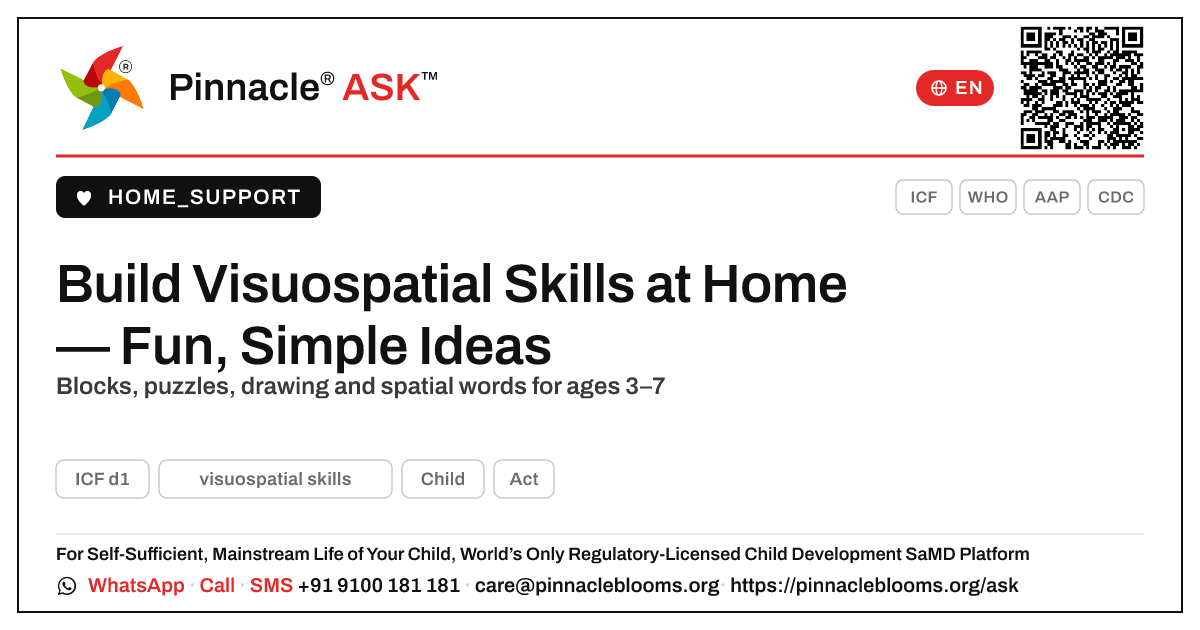 How can I help my child build visuospatial skills at home? — Pinnacle Ask answer card with a short explanation and QR link