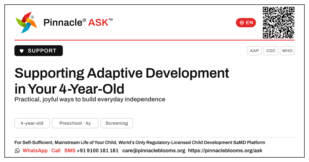 How can I support adaptive development in my 4-year-old? — Pinnacle Ask answer card with a short explanation and QR link