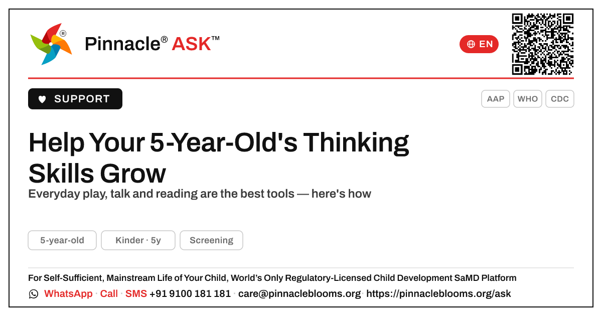 How can I support cognitive development in my 5-year-old? — Pinnacle Ask answer card with a short explanation and QR link