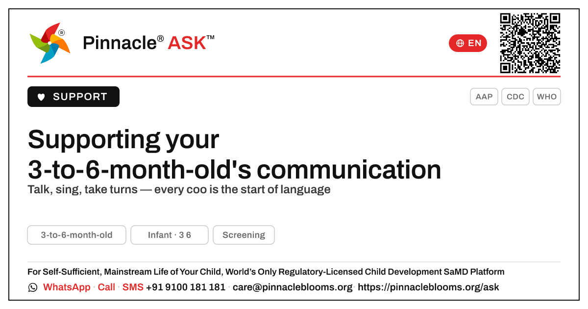 How can I support communication development in my 3-to-6-month-old? — Pinnacle Ask answer card with a short explanation and QR link