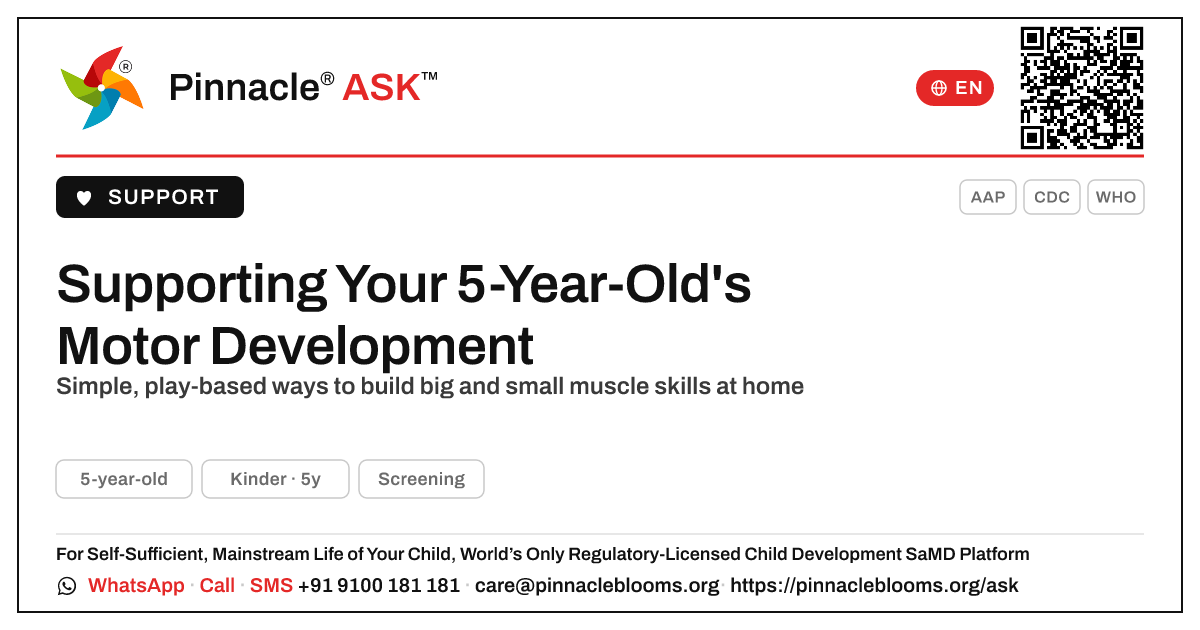 How can I support motor development in my 5-year-old? — Pinnacle Ask answer card with a short explanation and QR link
