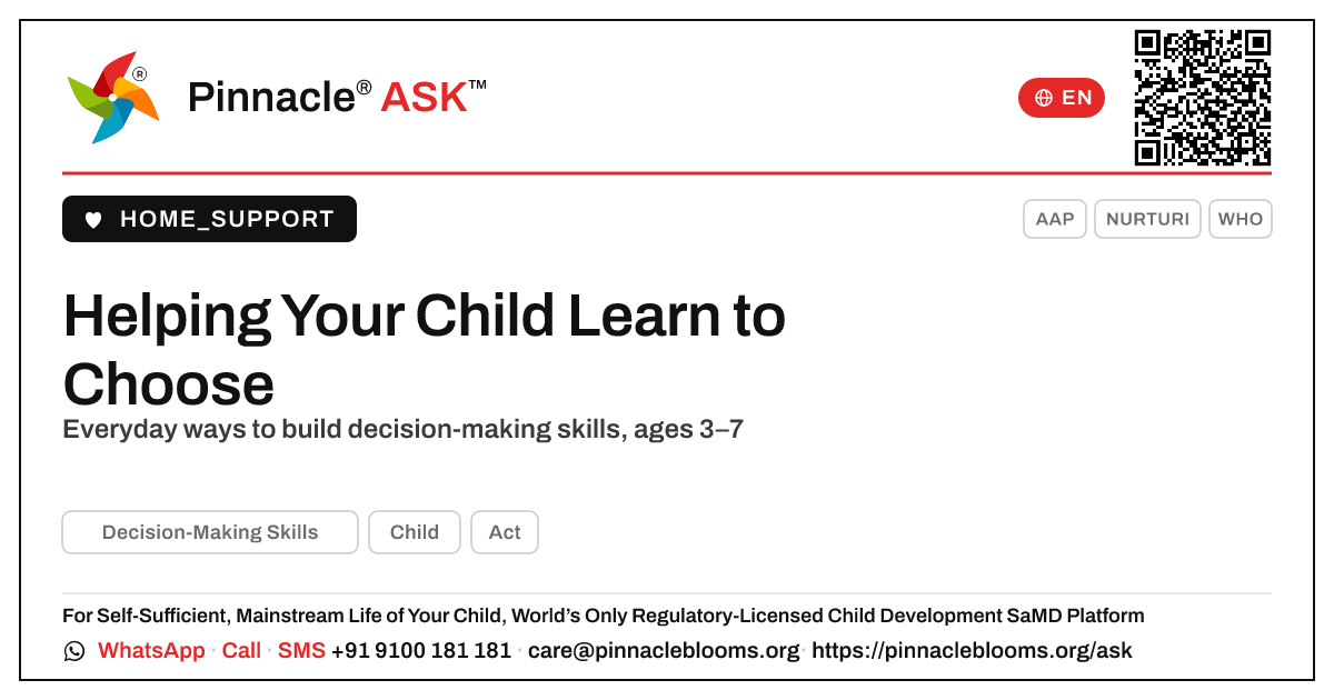 How can I support my child's Decision-Making Skills? — Pinnacle Ask answer card with a short explanation and QR link