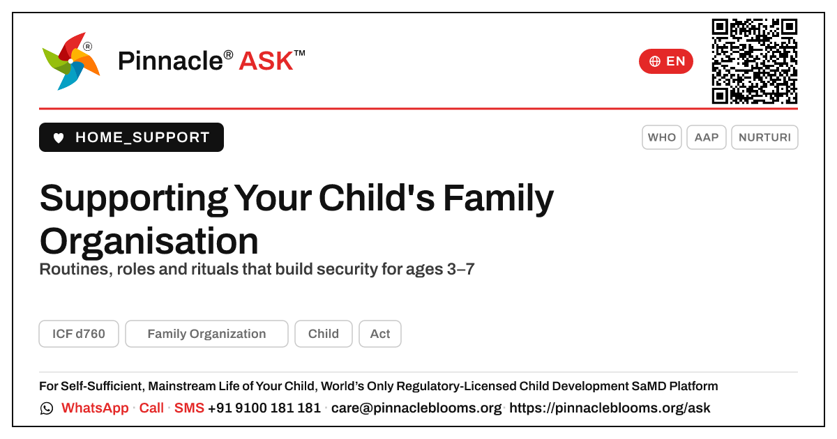 How can I support my child's Family Organization? — Pinnacle Ask answer card with a short explanation and QR link