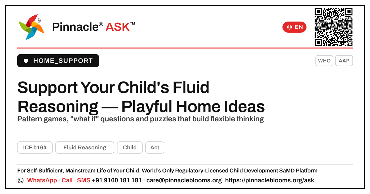 How can I support my child's Fluid Reasoning? — Pinnacle Ask answer card with a short explanation and QR link