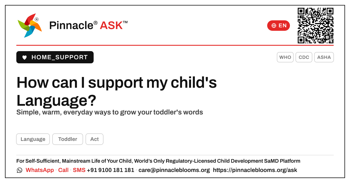 How can I support my child's Language? — Pinnacle Ask answer card with a short explanation and QR link