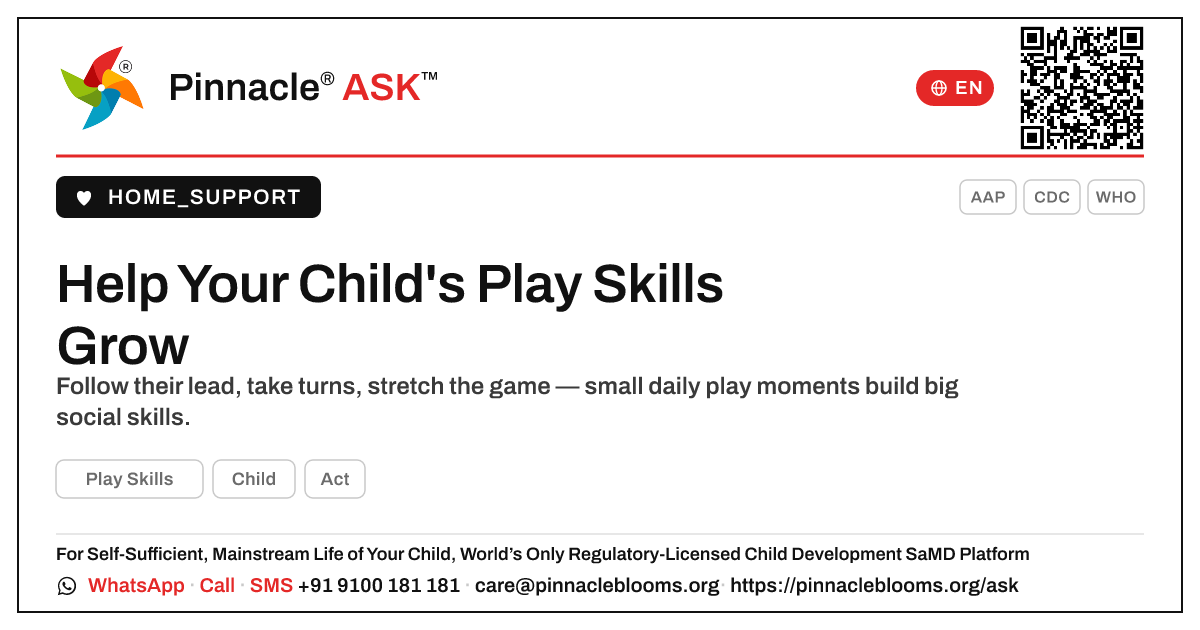 How can I support my child's Play Skills? — Pinnacle Ask answer card with a short explanation and QR link