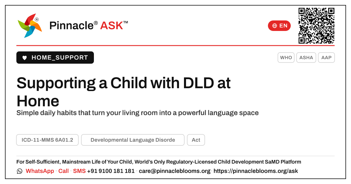 How can I support my child with Developmental Language Disorder at home? — Pinnacle Ask answer card with a short explanation and QR link