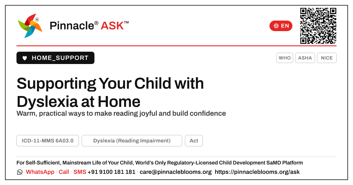 How to Support Your Child with Dyslexia at Home — Pinnacle Ask answer card with a short explanation and QR link