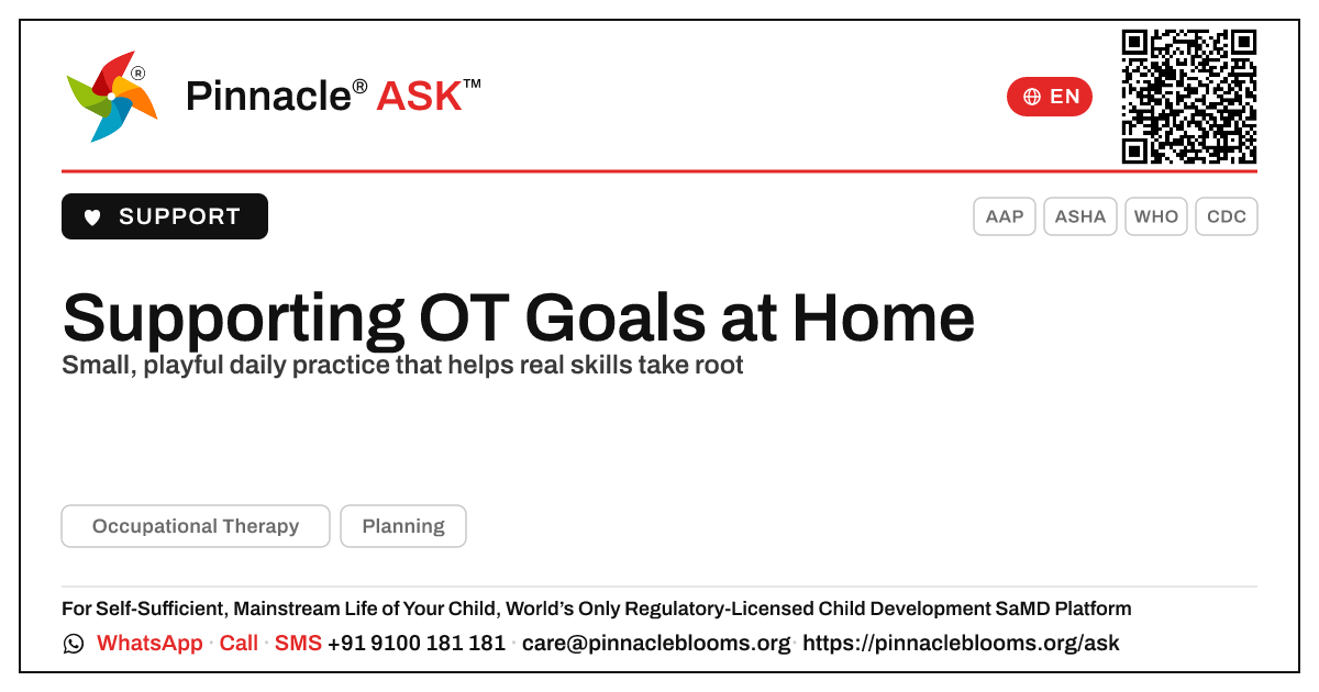 How can I support occupational therapy goals at home? — Pinnacle Ask answer card with a short explanation and QR link