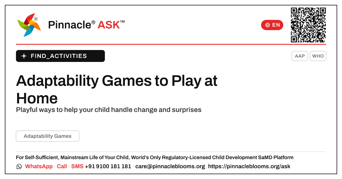 How to Do Adaptability Games at Home — Pinnacle Ask answer card with a short explanation and QR link