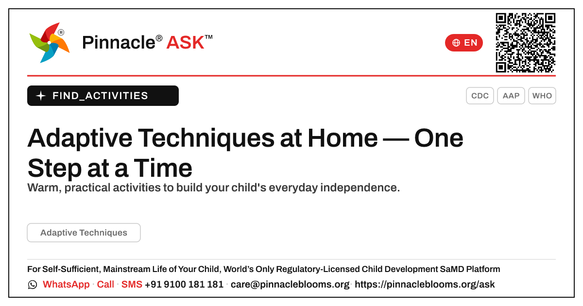 How can I work on Adaptive Techniques with my child at home? — Pinnacle Ask answer card with a short explanation and QR link