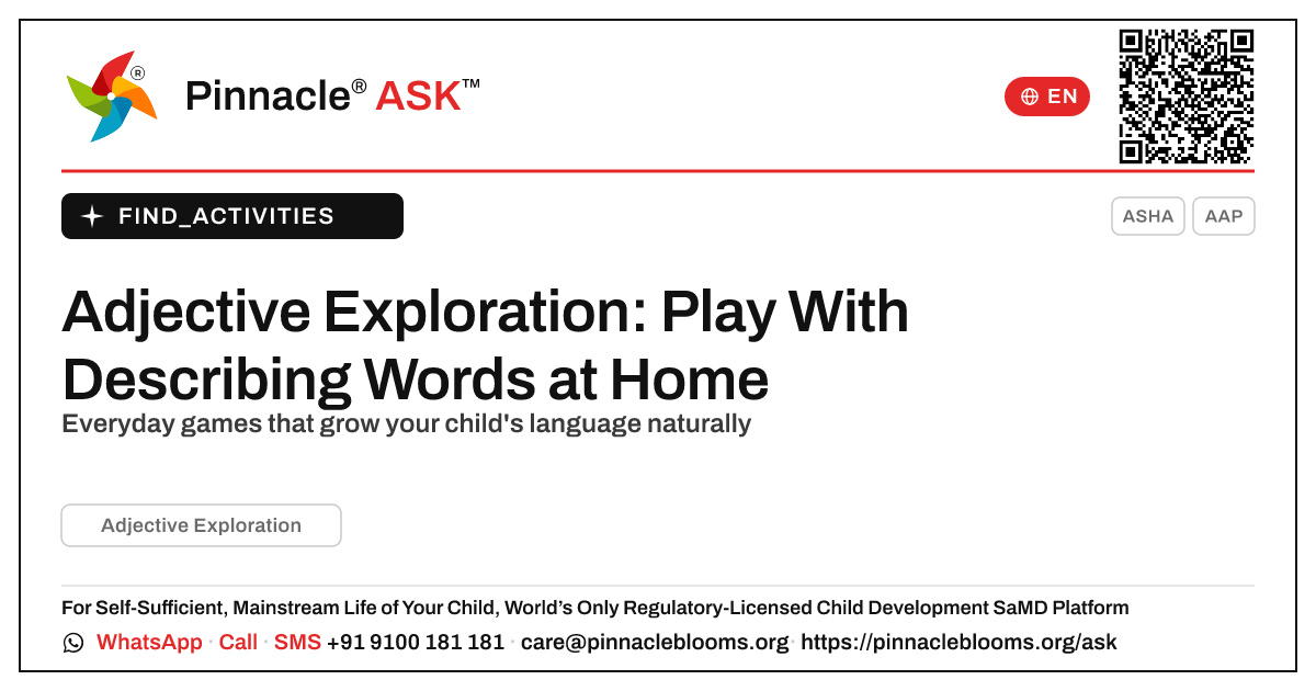 Adjective Exploration at Home — Pinnacle Ask answer card with a short explanation and QR link