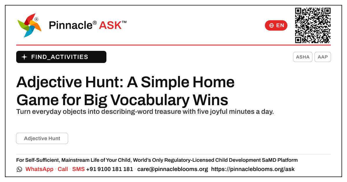 How can I work on Adjective Hunt with my child at home? — Pinnacle Ask answer card with a short explanation and QR link