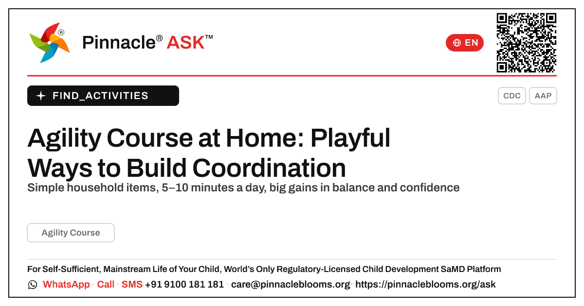 How to Work on an Agility Course With Your Child at Home — Pinnacle Ask answer card with a short explanation and QR link