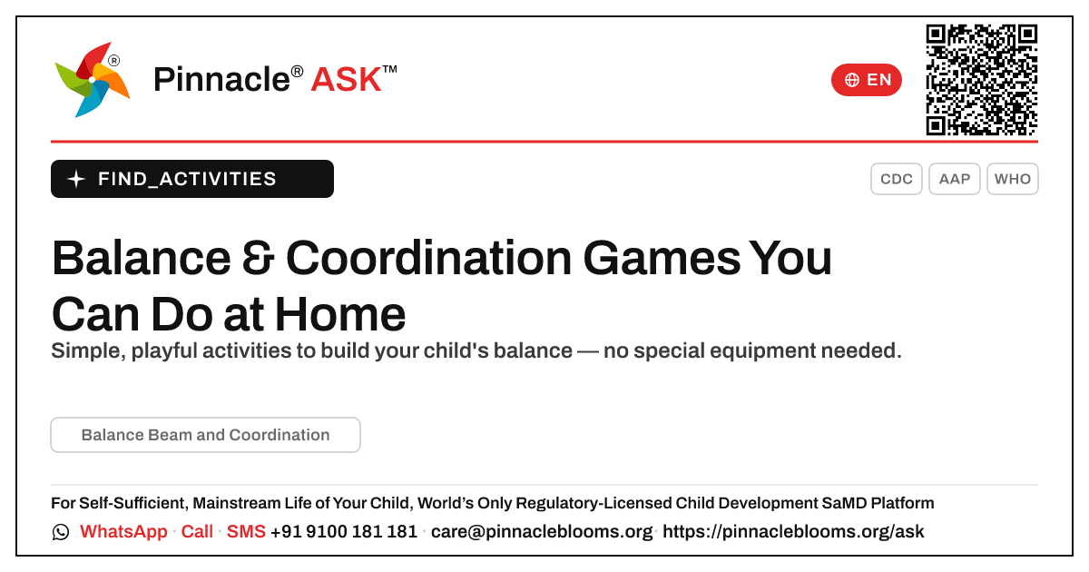 How can I work on Balance Beam and Coordination with my child at home? — Pinnacle Ask answer card with a short explanation and QR link