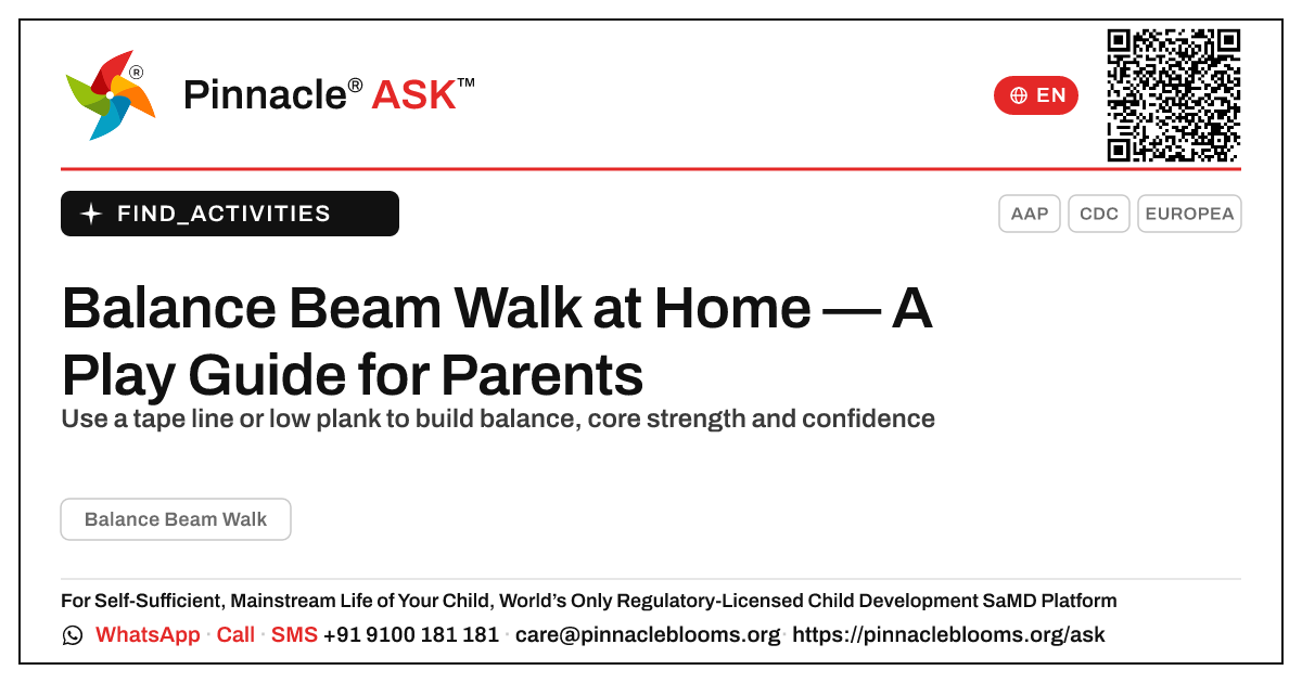 How to Practise Balance Beam Walk with Your Child at Home — Pinnacle Ask answer card with a short explanation and QR link