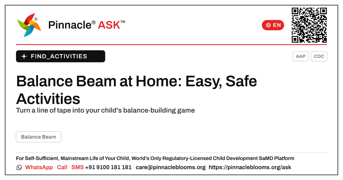 Balance Beam Activities at Home — Pinnacle Ask answer card with a short explanation and QR link