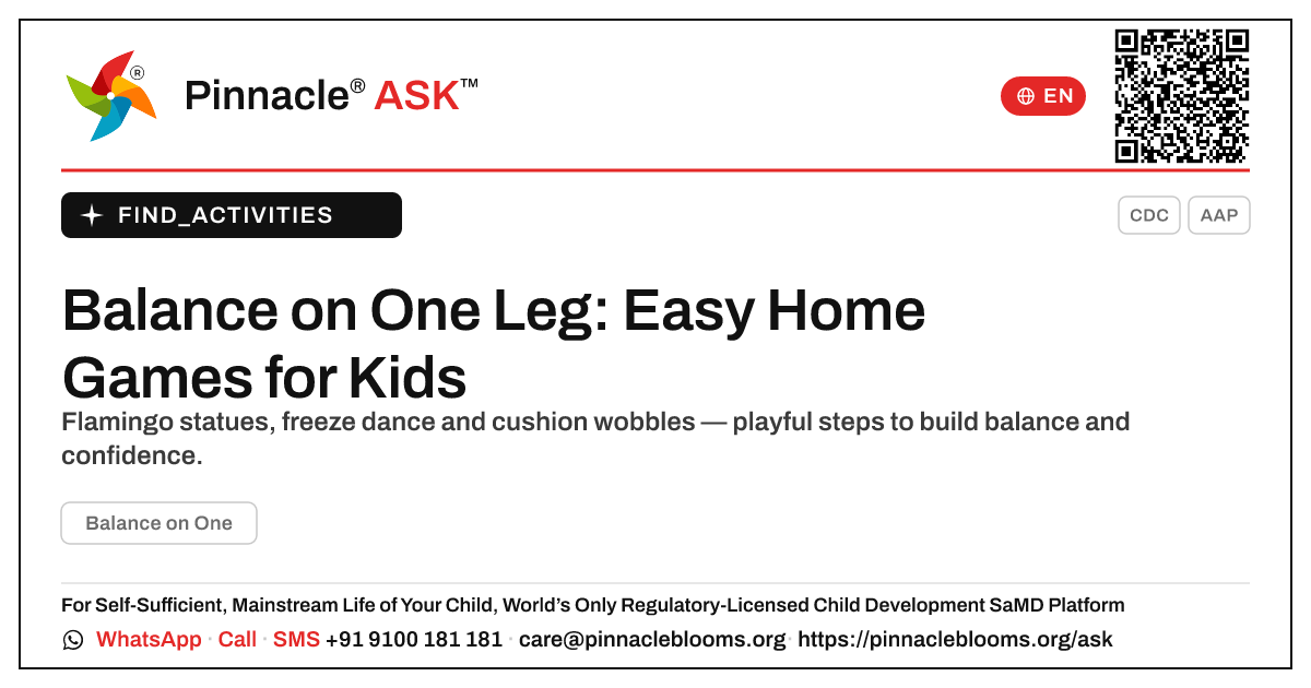 How can I work on Balance on One with my child at home? — Pinnacle Ask answer card with a short explanation and QR link