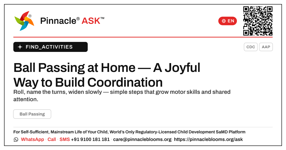 How can I work on Ball Passing with my child at home? — Pinnacle Ask answer card with a short explanation and QR link