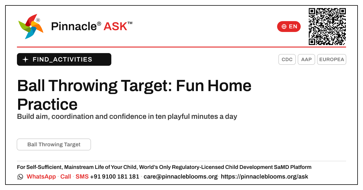 How to Practise Ball Throwing at a Target at Home — Pinnacle Ask answer card with a short explanation and QR link