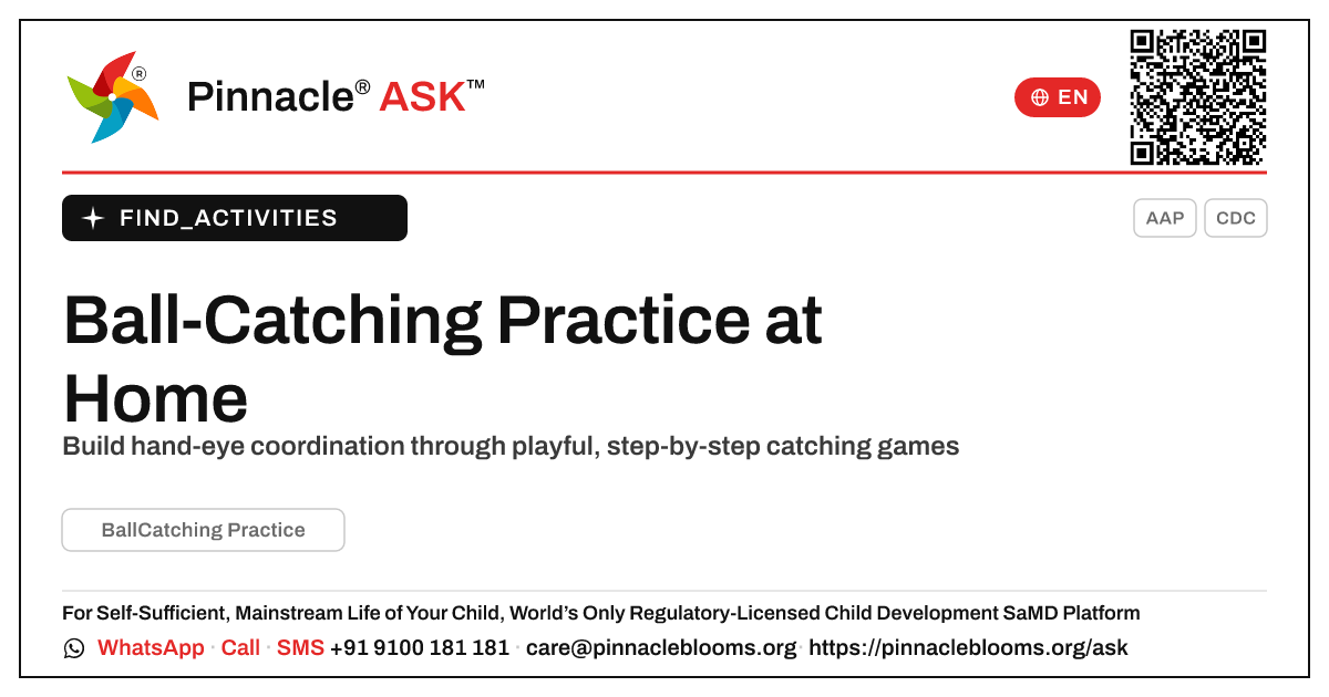 How can I work on Ball-Catching Practice with my child at home? — Pinnacle Ask answer card with a short explanation and QR link
